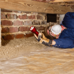 professional termite inspection - Buying a Home Remember, Termite Inspection Matters - a man in coveralls inspecting a crawl space for signs of termites